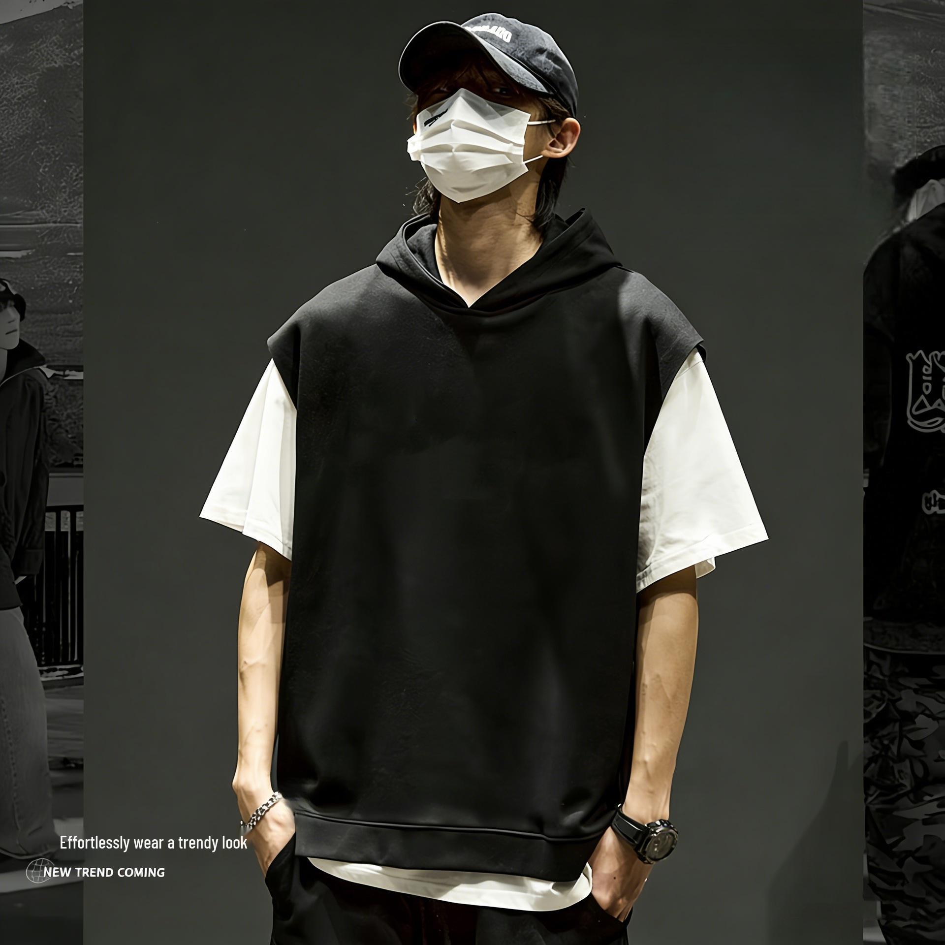 Men s Trendy American Style Hooded Layered Tee M (80-105 jin) чёрный
