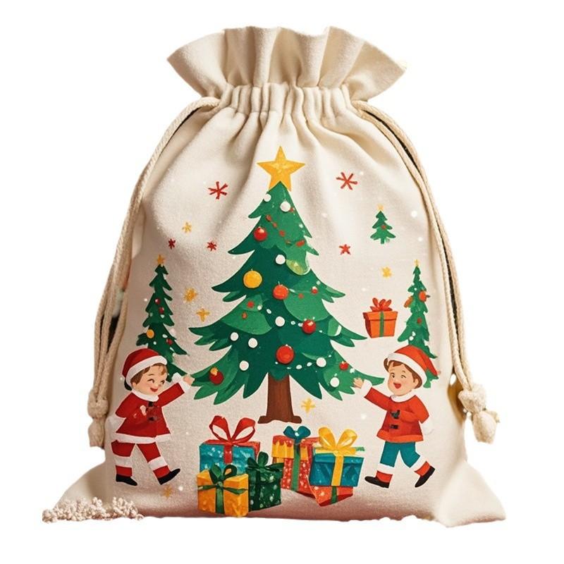 Christmas Large Canvas Drawstring Pocket Apple Large Gift Holiday Wrapping Gift Cotton Storage Bag