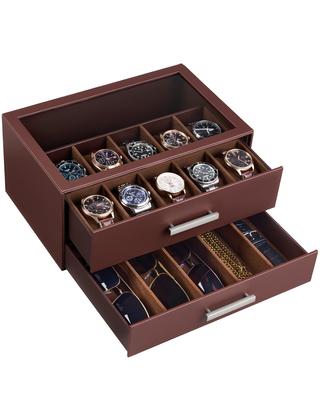 ProCase Watch Drawer Watch Sunglasses Storage Box with Clear Jewelry Storage Perfect Gift for Espresso 10-Piece Case, 2-Tier Type, Men's & Top,