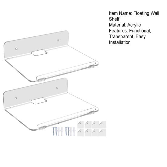 2Pcs Acrylic Floating Wall Shelves Transparent Wall Shelves Adhesive or Screw Installation Display Shelves for Speaker Plant Pot Figures