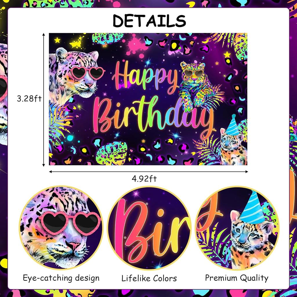 Cheereveal Rainbow Cheetah Birthday Decorations for Boys Girls - Leopard Print Happy Birthday Backdrop, Cheetah Wild Cake Cupcake Toppers, Jungle