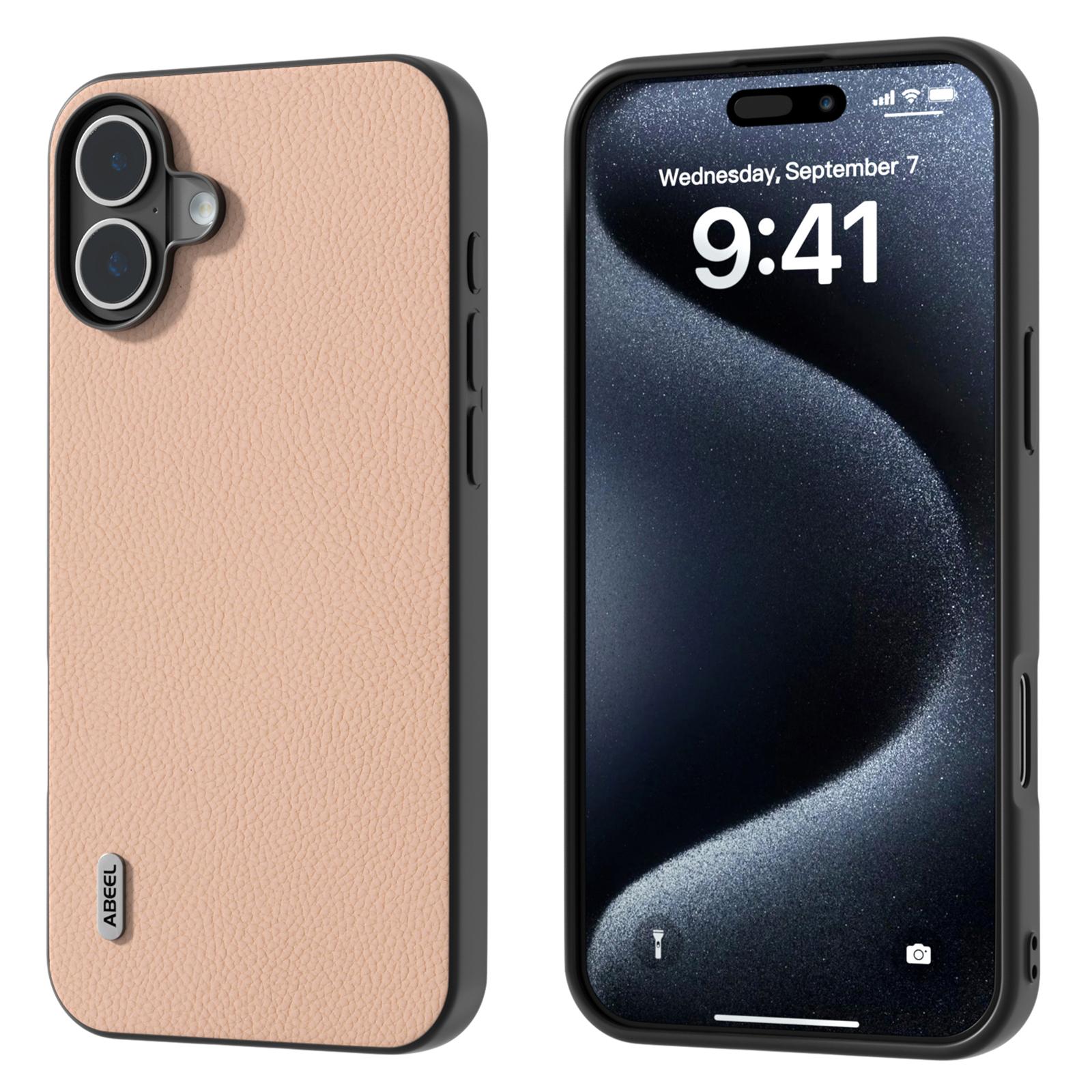 ABEEL For iPhone 16 Plus Cases Genuine Cow Leather+PC+TPU Phone Cover B