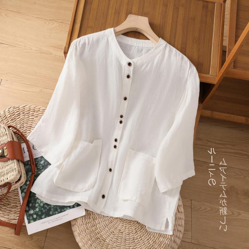 QICED Solid Color Cotton Hemp Seven-point Sleeve Stand Collar Shirt Female Summer Large Size Fat Mm Meat Show Thin Loose Pocket Top