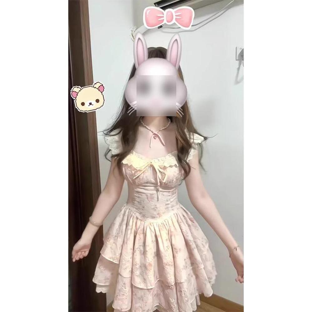 Waist puffy skirt cherry blossom weaving flower feather gentle floral dress sweet little flying sleeve princess cake skirt girl summer