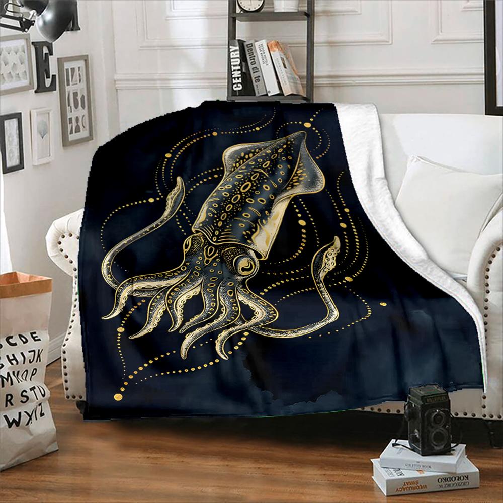 Multiple Sizes Golden Squid Illustration Print Blanket Warm Soft Suitable for All Seasons for Home Sofa Travel Camping Picnics