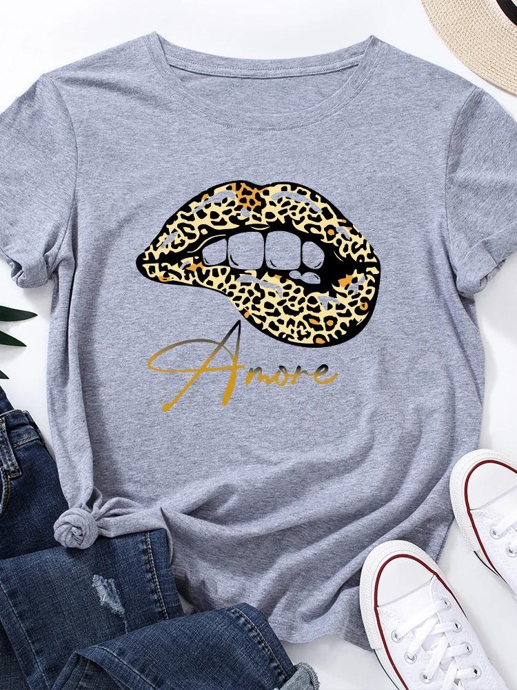 Amore Leopard Lip Print Women T Shirt Short Sleeve O Neck Loose Women Tshirt Ladies Tee Shirt Tops Clothes Camisetas Mujer