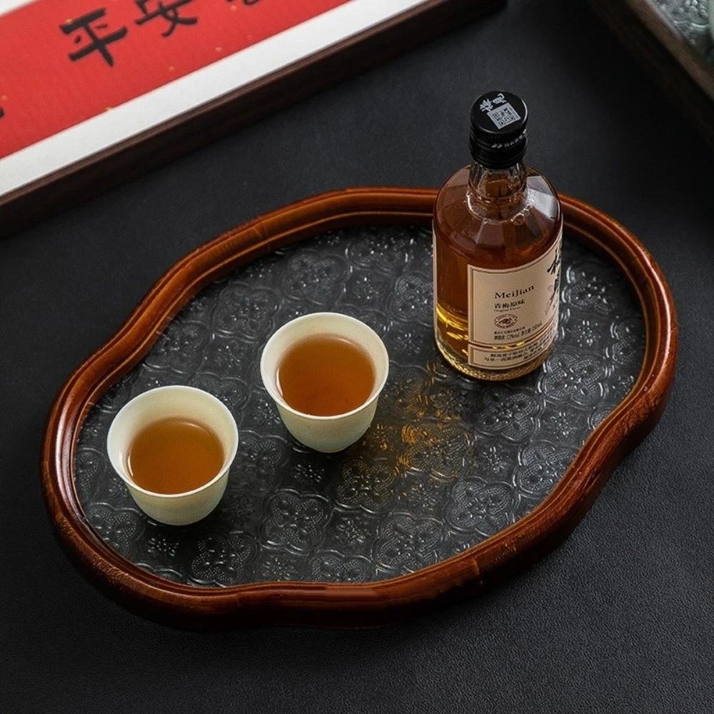 Elegant Oval Oval Glass Tea Set Multi-functional Glass Storage Box Wooden Wooden Tray Fruit Display