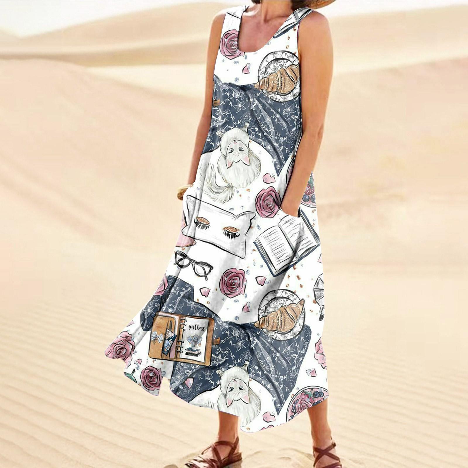

Летнее платье для женщин, повседневное удобное хлопковое платье без рукавов с принтом и карманом