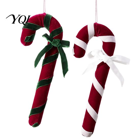 Reusable Holiday Party Pendant Velvet Christmas Candy Cane Ornament, Fabric Decoration with Retro Ornaments Bow, Xmas Tree Hanging Decor for Pendants