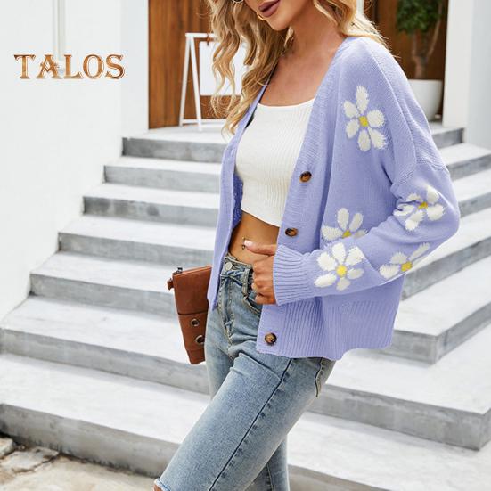 Damen Strickmantel mit Blumenmuster, Pullover, Strickjacke, V-Ausschnitt, lange Ärmel, Knöpfe, Knopfleiste, Strickjacke