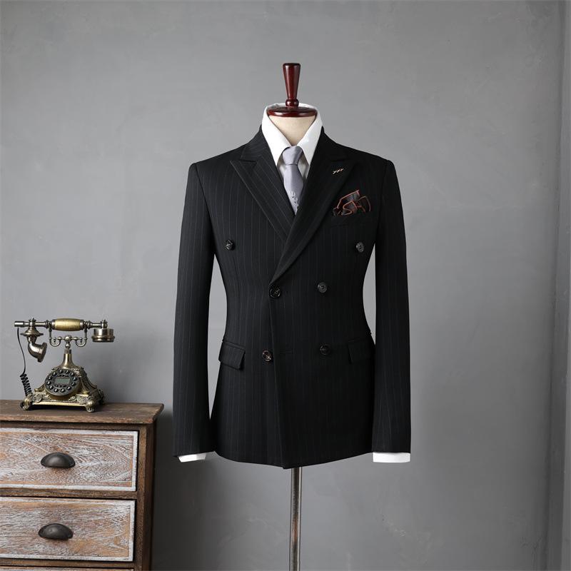 Men's Double-Breasted Striped Suit Set for Weddings & Business – Slim Fit Tuxedo & Formal Wear