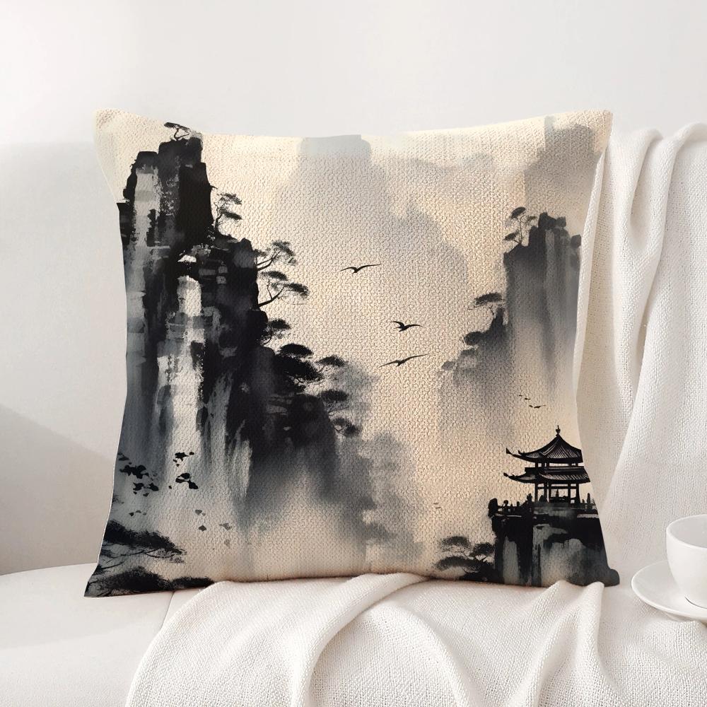 

Chinese Ink Painting Style Cushion Cover Natural Linen Organic Fabric DoubleSided Printing Sofa Home Decor Breathable 30x30cm
