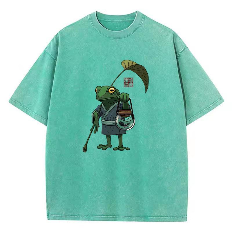 T-shirt Vintage Płukana Bawełna Styl Japoński Żaba Grafika Anime T-shirt Casual Streetwear Wiosna Lato