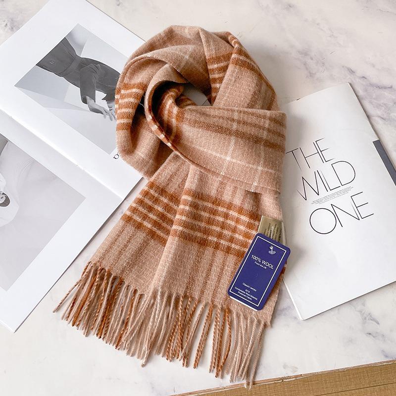 Camel brown 100 pure wool plaid scarf khaki women's winter thickened warm fringed shawl scarf