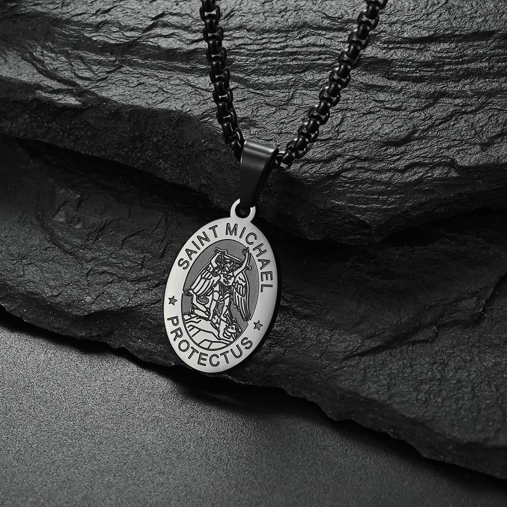 Men's Summer Trendy Black Saint Michael Pendant Necklace