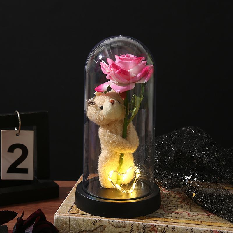 Christmas Valentine'S Day Gifts Eternal Rose Flowers In Glass Cover Simulation Rose Flower Desktop Ornament For Girlfriends