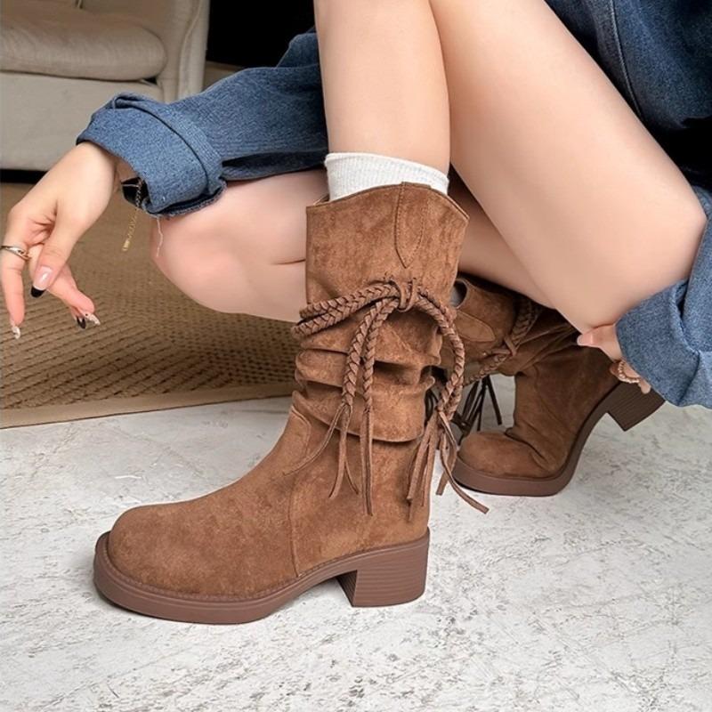 Retro Wasteland Tassel Biker Boots women round toe chunky heel pleated slip on knee high boots 2025 autumn Western cowboy boots