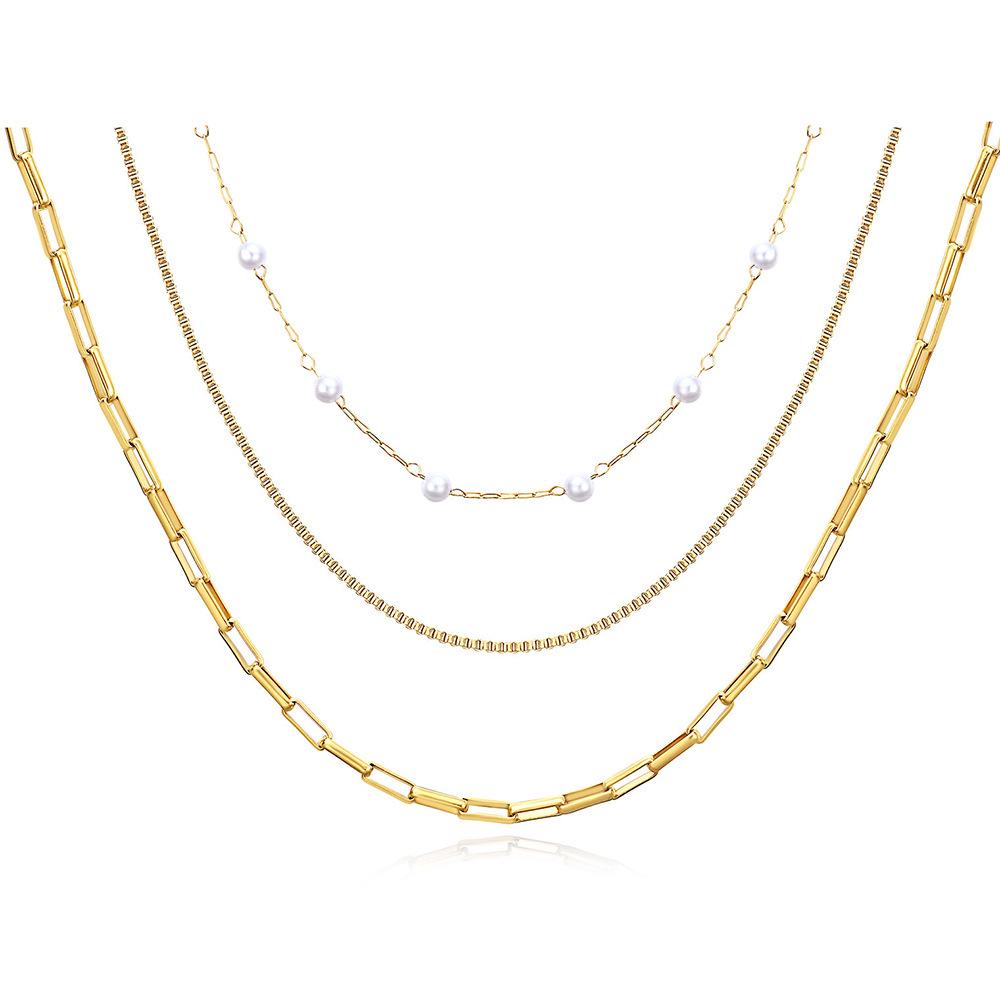18K Gold Triple-Layer Chain Necklace with Pearl Accent - Stylish Stainless Steel Design for Women