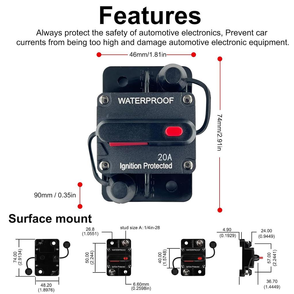 20 Ampere Sicherungsautomat 12V - 48V DC mit manuell zurücksetzbarem Schalterknopf für Boot Trolling-Motor Marine ATV Anhänger Fahrzeuge Stereo Audio Elektronisch