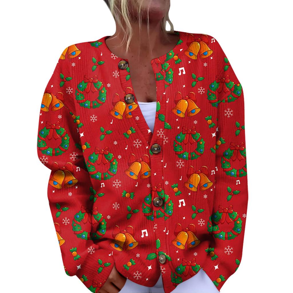 Women's Fashion Christmas Printed Long Sleeve Knitted Cardigan Button Down Jacket