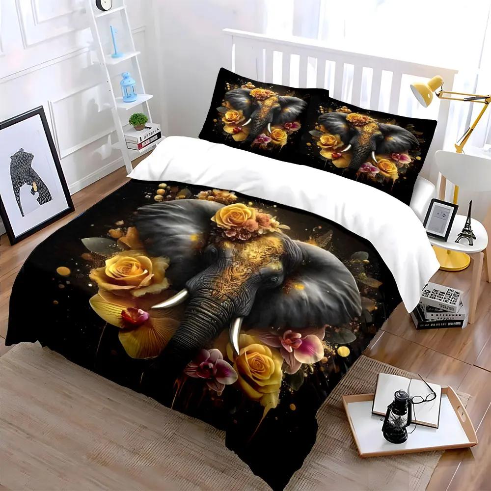 "Elephant Floral Art Decor Print 3PC" Soft Comfortable Duvet Cover Bedding Set Included 1*Duvet Cover & 2*Pillowcases Gift