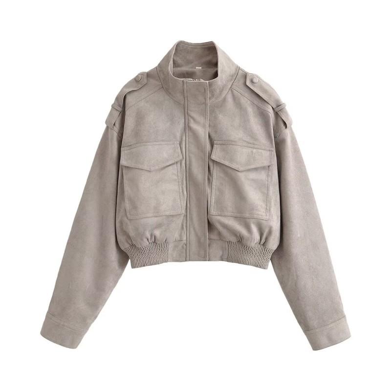 ZA Womens 2025 Fall Fashion Slim Fit Suede Short Jacket Casual Stand Collar Long Sleeve
