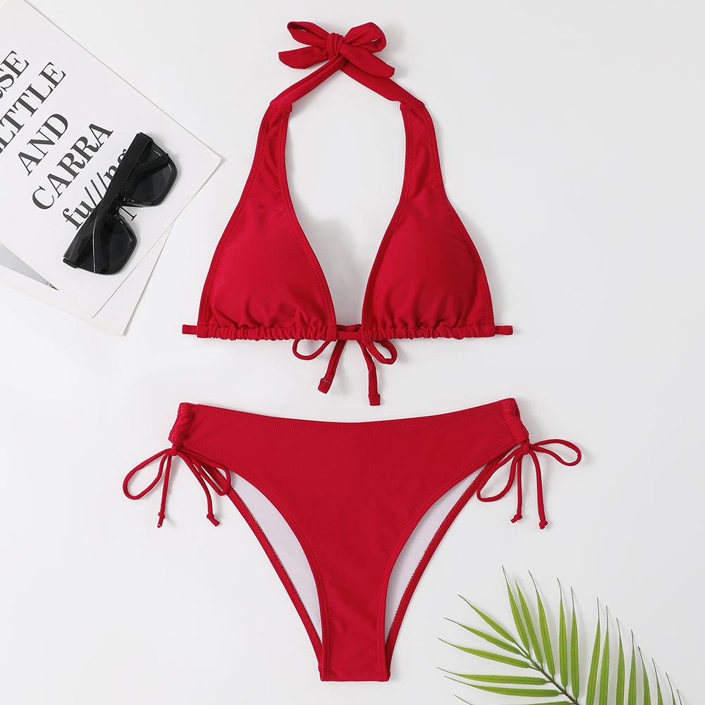 European & American Tie-Up Bikini: Sexy Solid Color Swimwear for Beach Vacations