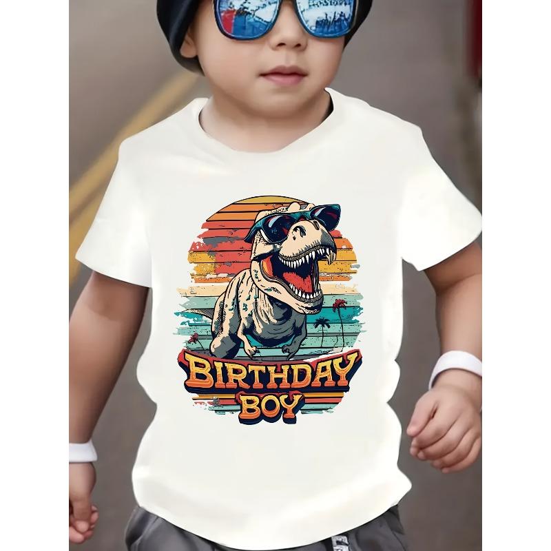 European sizes Boys' Birthday Boy T-Shirt - Soft Stretchy Round Neck Short Sleeve Tee with Dinosaur Graphic
