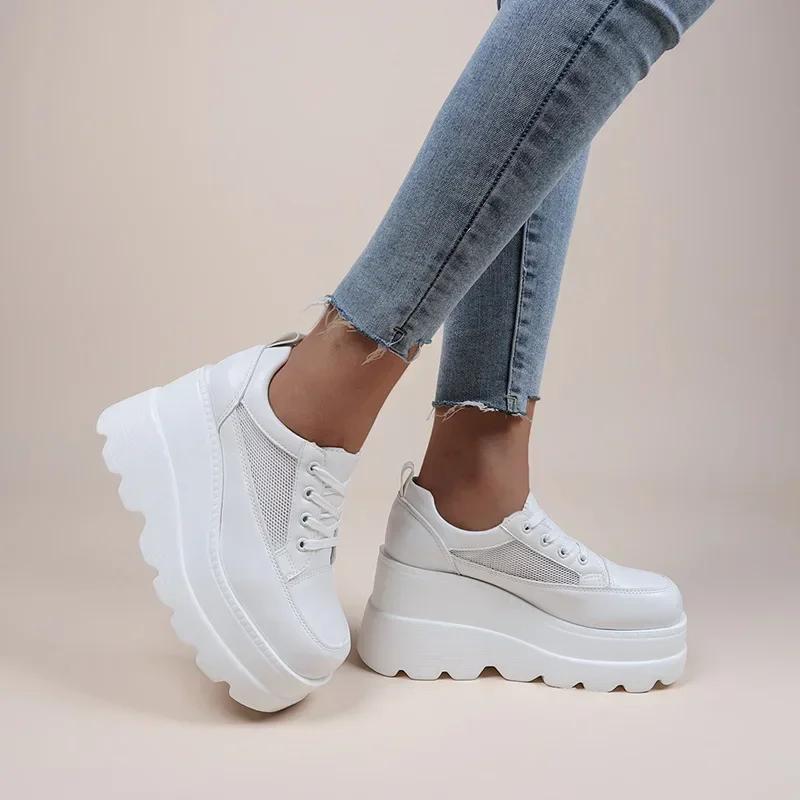 Fashion White Wedge Sneakers Shoes for Women Brand Platform Breathable Hollow Shoes Chunky Heel Pumps Shoes Women Heels Zapatillas Mujer