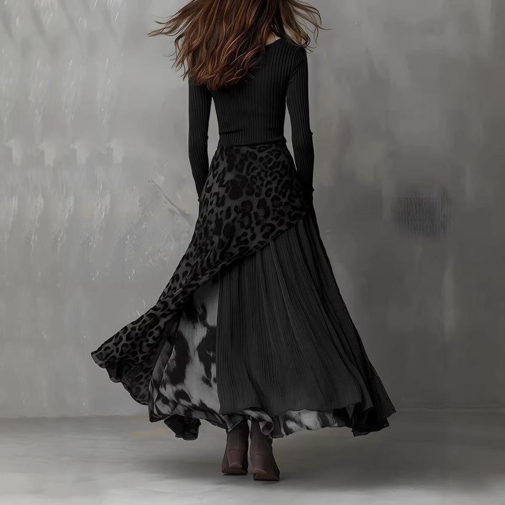 Stylish Leopard Print Patchwork Dress with Elastic Waist and Long Sleeves, Big Hem 2026