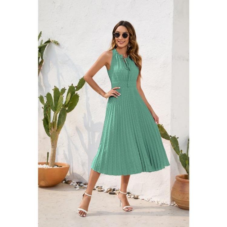 Summer Casual Holiday Dress Women Lace Up High Waisted Pleated Ball Sleeveless