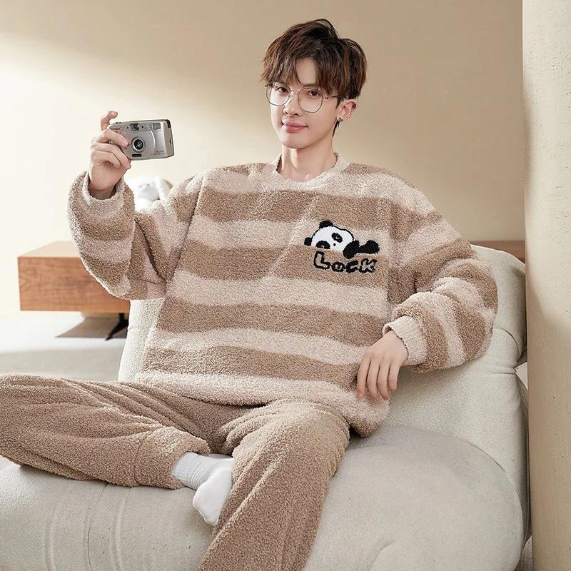 Pijama de Diseño Lindo de Moda para Hombre Otoño Invierno Forro Polar Coral Espesado Cálido Suave Masculino Polar Térmico Conjunto Ropa de Casa Juvenil