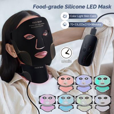 Máscara LED de Silicone para Rosto e Pescoço 7 Cores LED Fotão Luz Vermelha Terapia Infravermelha Máscara Facial Flexível Reparação da Pele Uso Sem Fio