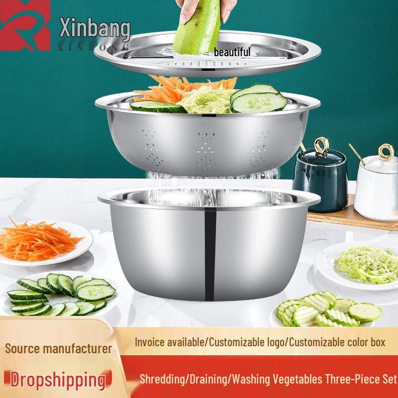 Multifunctional Stainless Steel Grater Bowl: Vegetable Slicer, Colander, and Rice Rinsing Strainer