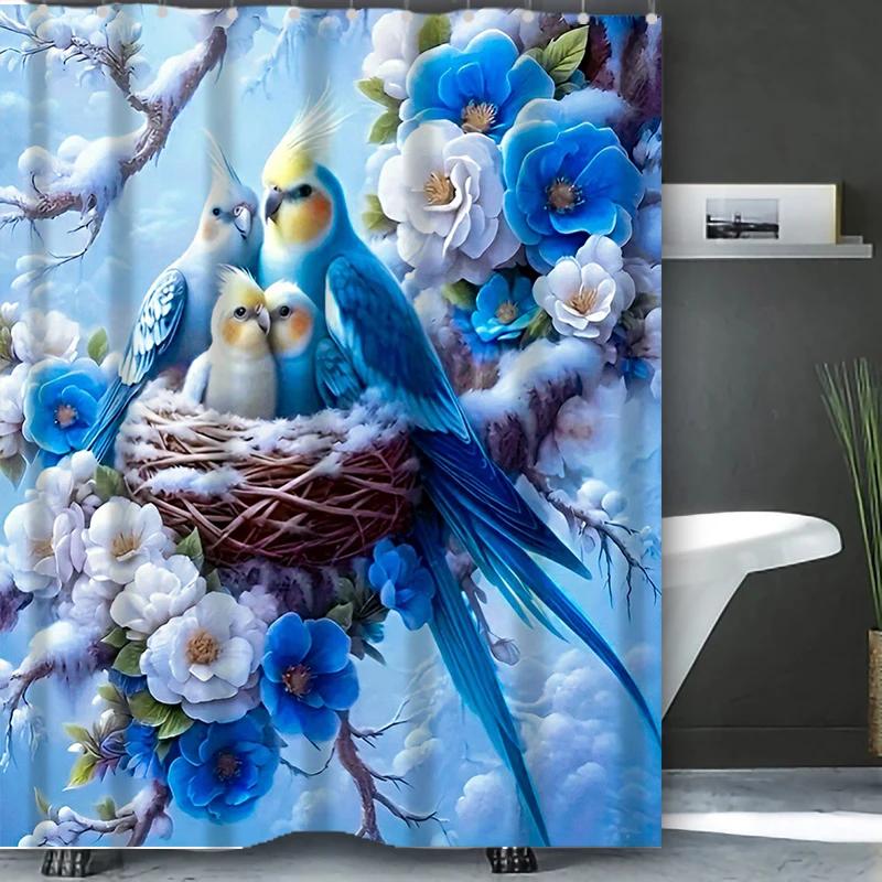 Blumen- und Vogelmuster Duschvorhang Badezimmer Duschvorhang Wasserdicht Mit 12 Haken Heimdeko