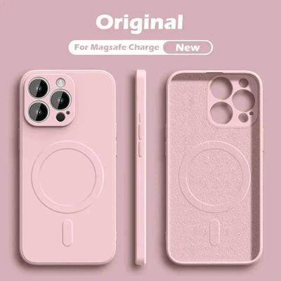 Capa de Silicone Líquido Rosa Magnética para Carregamento Sem Fio Para iPhone 16 15 14 13 12 11 Pro Max Plus Proteção Total Câmera Capa Macia