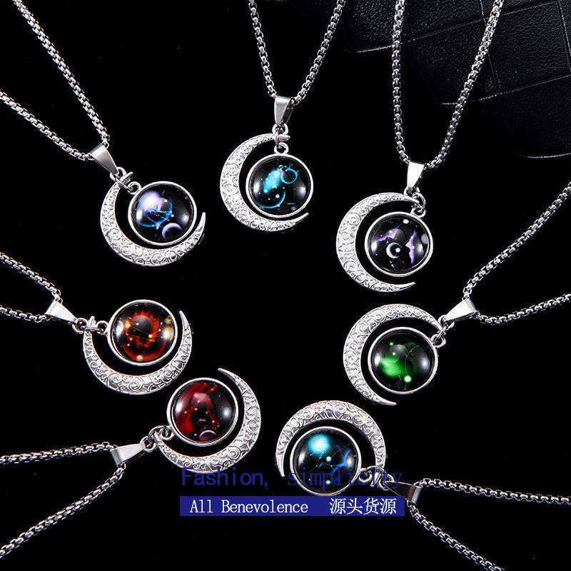 Twelve Constellations Necklace Boys Trendy Brand High-End Necklace Moon Pendant Jewelry Men'S Non-Fading Necklace
