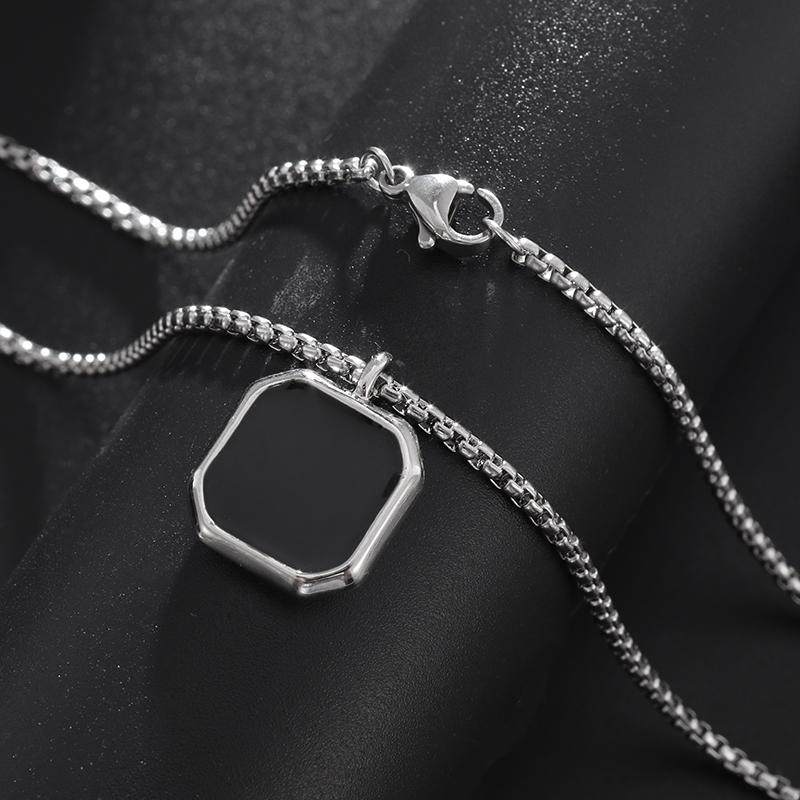 Stainless Steel Classic Geometric Polygonal Black Square Natural Stone Necklace Pendant for Men Fashion Casual Punk Jewelry Gift