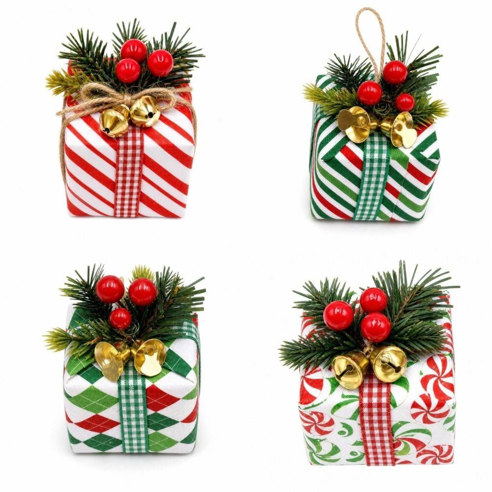 Mini Christmas Gift Box Ornament Artificial Plaid Xmas Tree Ornament Jingle Bell Christmas Decoration Hanging Gift Pendant