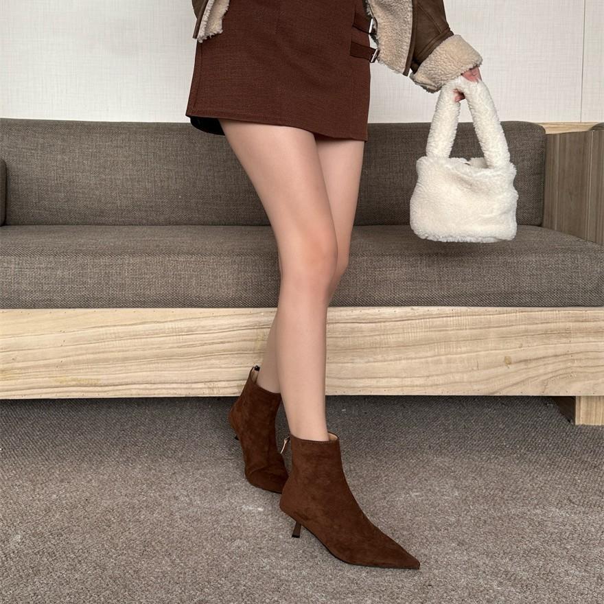 Thin Heel Suede Pointed Short Boots Women's 2025 Autumn and Winter New Korean Version Thin Boots Socks Boots Women's Boots Zipper Elastic Boots