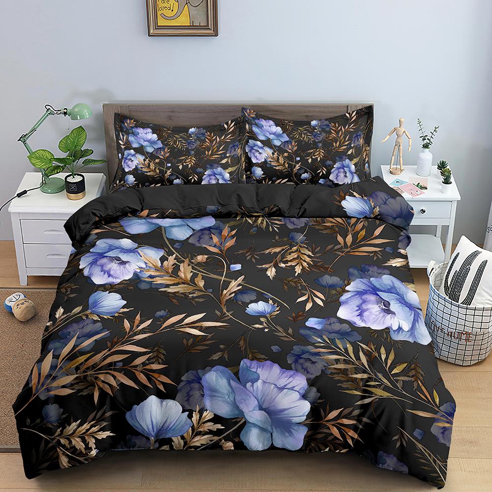3D Bedding Set Flowers Print Duvet Cover Set with Zipper Closure Queen King Full Size Comforter Cover and Pillowcases Polyester