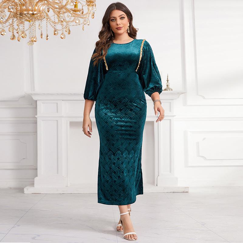 Velvet Embossed Beaded Lantern Sleeve Slim Fit Dress