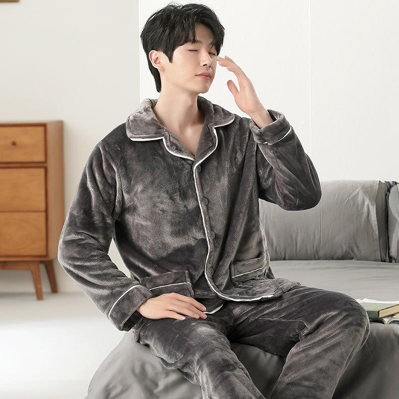 Men'S Coral Fleece Winter Fleece Thickened Antistatic Flannel Loungewear Pajamas Set