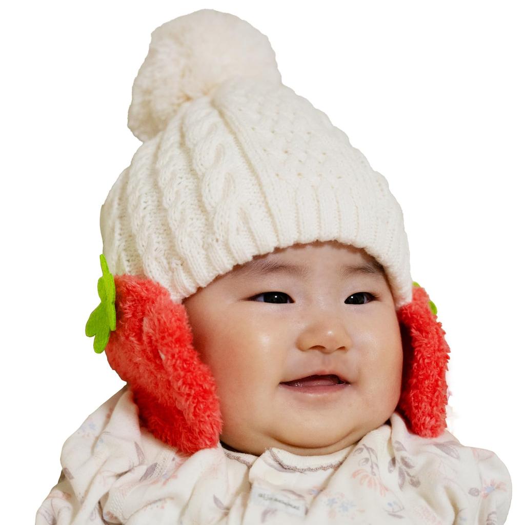 Happy Strawberry Knit Hat for Boys and Warm and Warm Numeral Beans! Girls, (JP, Size, 46.0 Cm, 50.0 Cm, White)