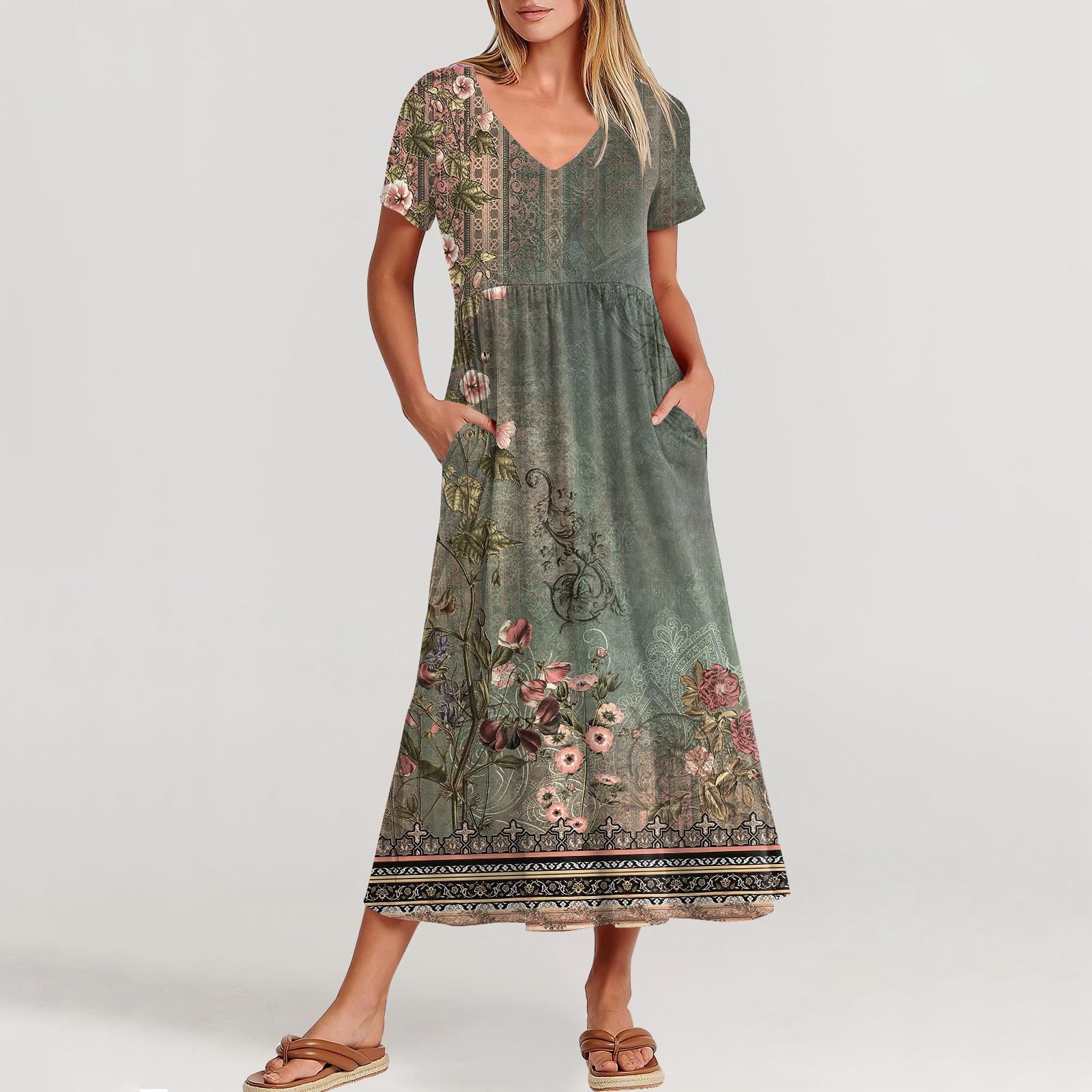 

Женские повседневные платья с карманами, струящаяся длинная юбка, женское летнее платье-макси с V-образным вырезом и короткими рукавами XL