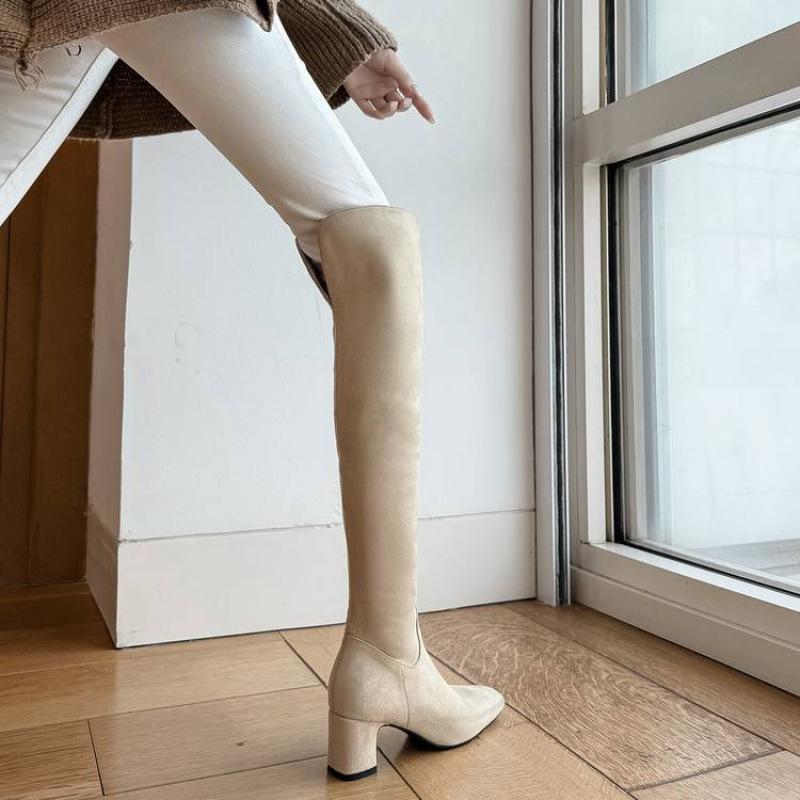 New women's leather boots zipper solid color leather large size women's boots versatile square head beef tendon sole sheepskin high heel knee boots