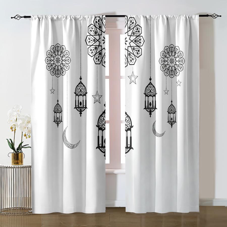 2pcs Black Islamic Pattern Lantern & Crescent Curtains, Perfect for Ramadan/Eid Window Decor, Rod Pocket Curtains