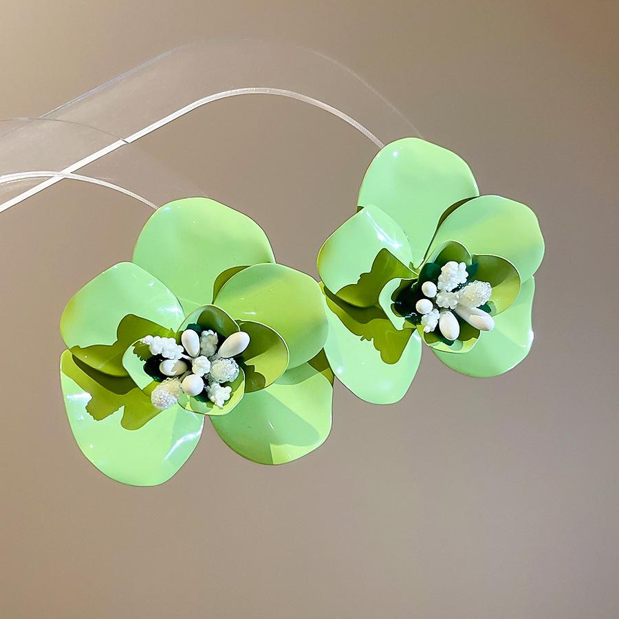 

Elegant Iron Alloy Statement Drop Earrings For Women Green Pink Spray Multi Layers Large Flower Holiday Party Jewelry зелений