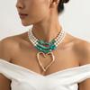European and American Big Love Turquoise Necklace Women's Niche Beaded Imitation Pearl Collarbone Chain Retro High-end Necklace