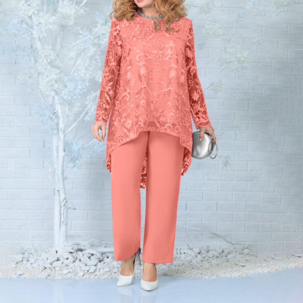 Women's Fashion Casual Lace Split Long Sleeve Pants Solid Color Leggings Set